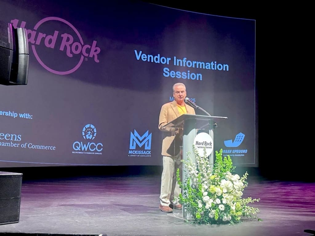 Hard Rock CEO Jim Allen discussing leadership, logistics impact, and community purpose during event appearance