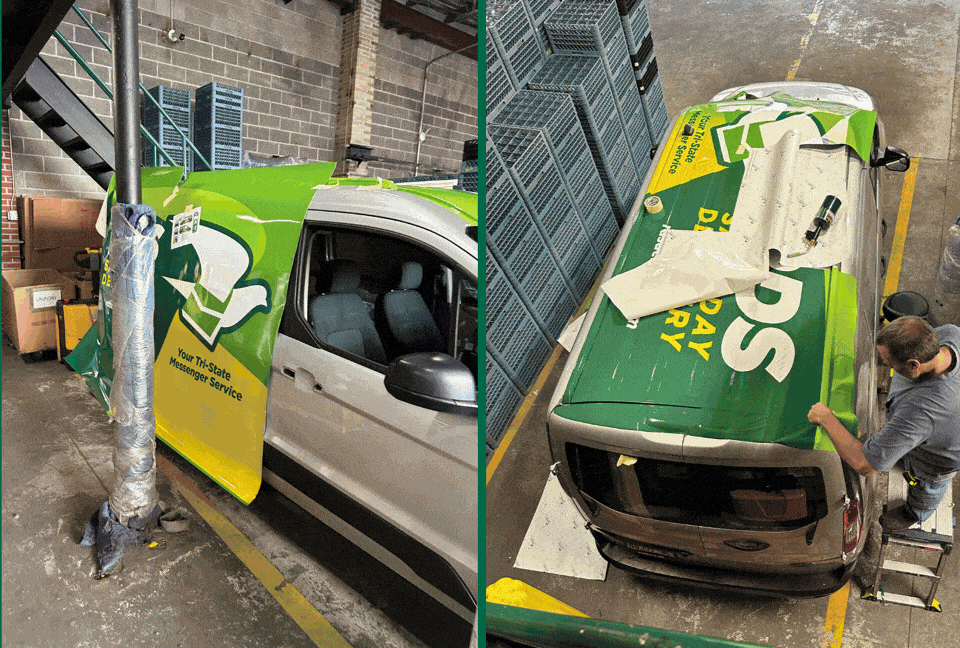 Delivery vehicle navigating busy NYC streets during logistics operations